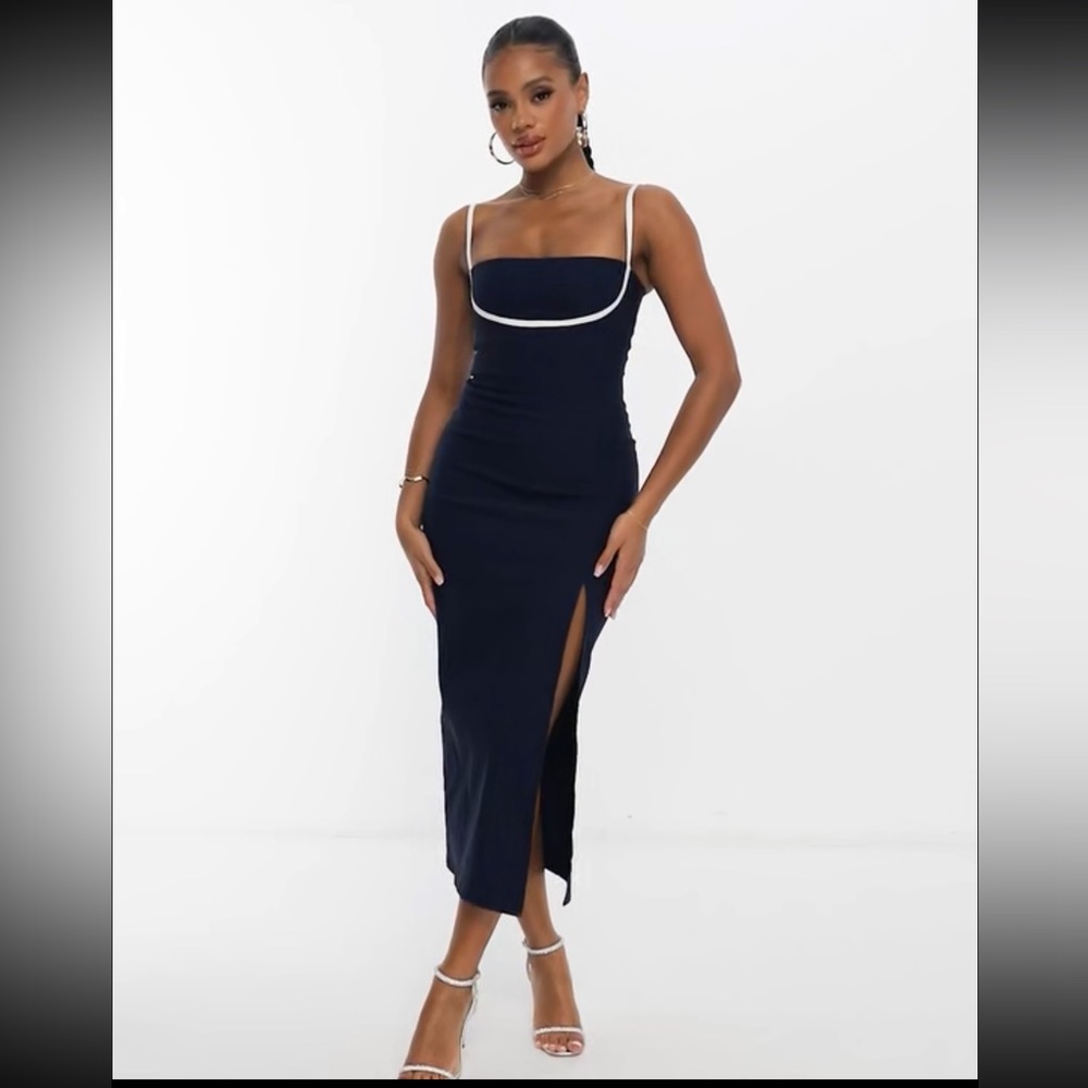 ASOS contrast strap detail thigh silt midi dress in navy
